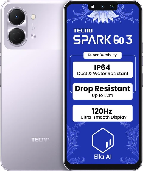 Tecno Spark Go 3 (Ink Black, 4GB+64GB) | 5000mAh Battery + 15W Fast Charger | Upto 8GB RAM | IP64 Protection | Unisoc T7250 Processor | 120Hz Smooth Display*
